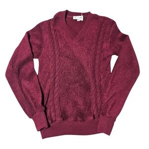 Cedar Bend USA Made Men XS/S V-Neck Sweater Burgundy Cable-Knit Chenille Acrylic
